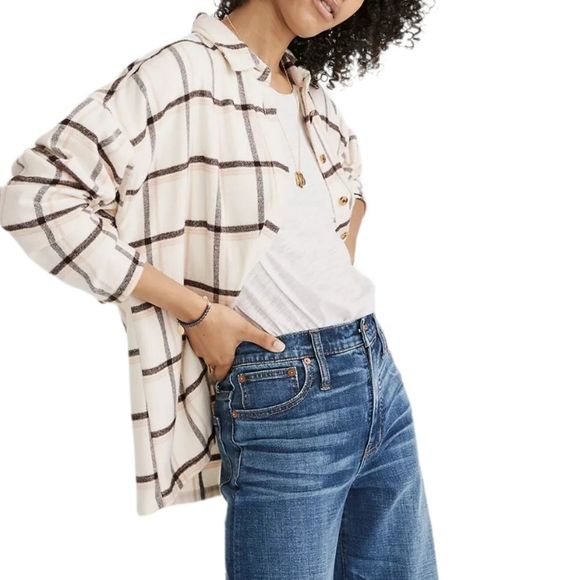 Madewell Tops - Madewell Cream and Brown Plaid Button Down Shirt